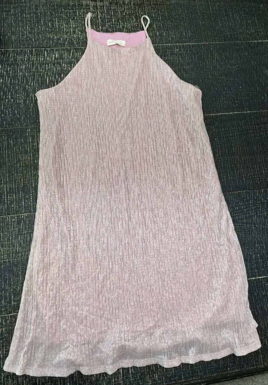 Size XL Millibon USA Light Pink Sparkly Pleated Mini Dress High Neck Halter Soft